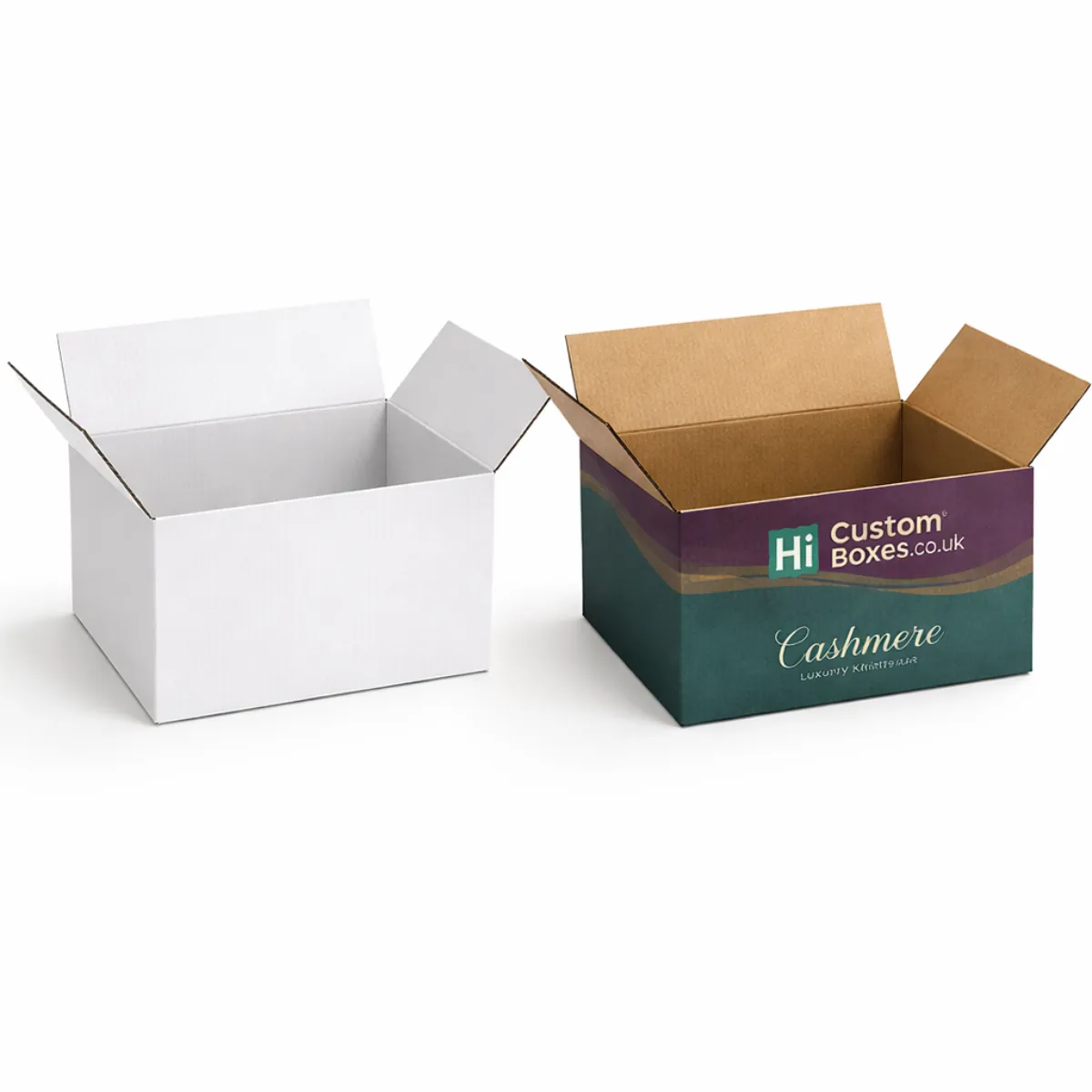 Two open corrugated shipping boxes- one standard white and one custom printed with a teal and purple design- class=